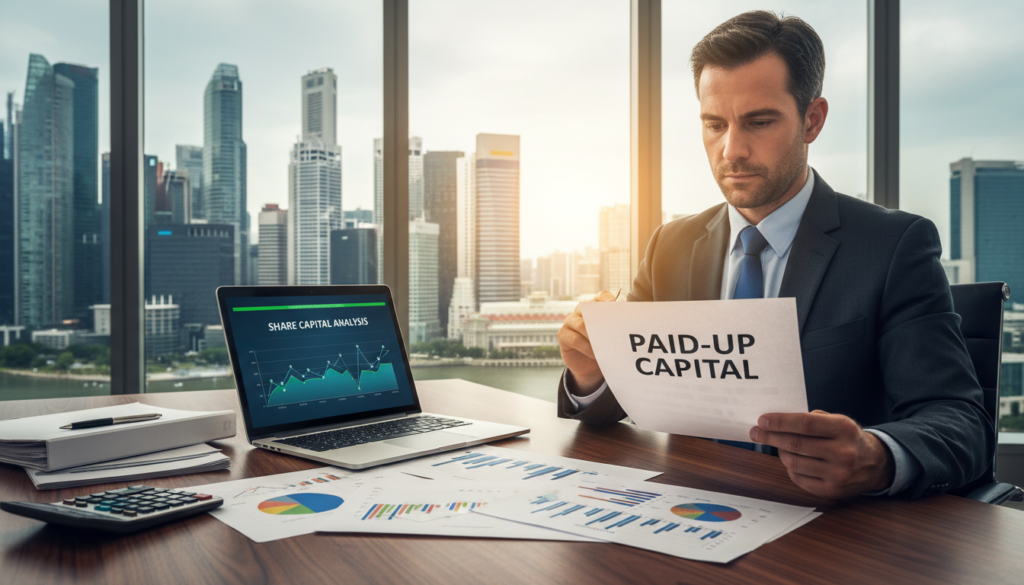 A professional business scene in a modern office setting, featuring a neatly arranged conference table with documents depicting financial charts and capital structure. In the foreground, a confident business professional in formal attire reviews a report labeled "Paid-Up Capital." In the middle, attention to detail shows an open laptop displaying graphs on share capital while a calculator and a stack of financial reports are slightly blurred in the periphery. The background highlights a large window revealing the Singapore skyline, merging natural light with a warm atmosphere. The overall mood is focused and informative, emphasizing the importance of understanding financial concepts like paid-up capital, portrayed in a photorealistic style with crisp details.
