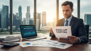 A professional business scene in a modern office setting, featuring a neatly arranged conference table with documents depicting financial charts and capital structure. In the foreground, a confident business professional in formal attire reviews a report labeled "Paid-Up Capital." In the middle, attention to detail shows an open laptop displaying graphs on share capital while a calculator and a stack of financial reports are slightly blurred in the periphery. The background highlights a large window revealing the Singapore skyline, merging natural light with a warm atmosphere. The overall mood is focused and informative, emphasizing the importance of understanding financial concepts like paid-up capital, portrayed in a photorealistic style with crisp details.