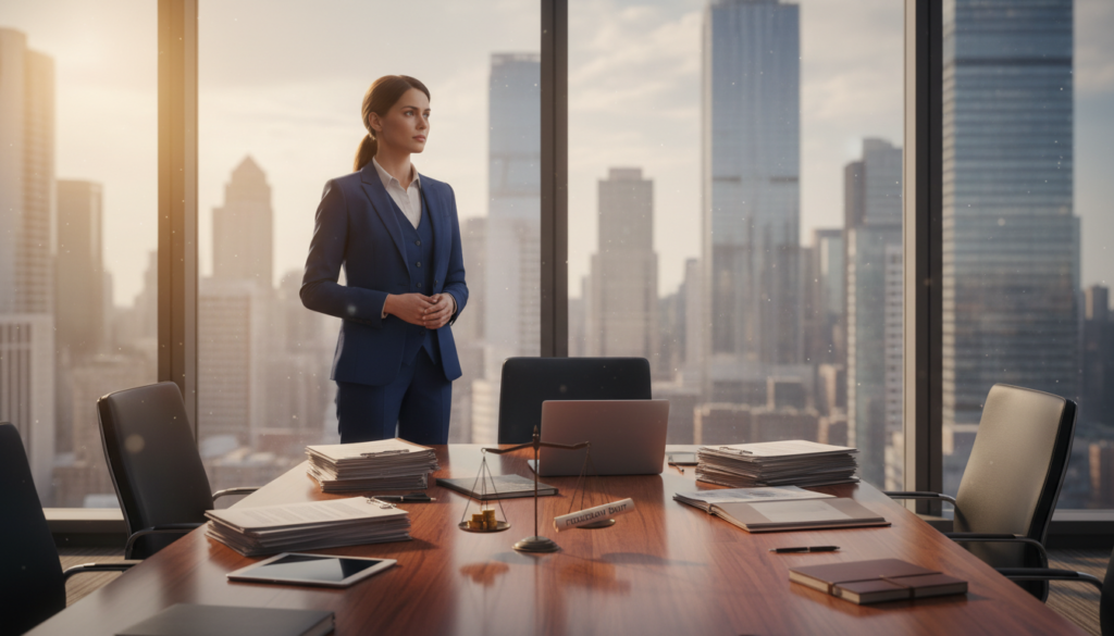 A professional business setting depicting a confident company director in a well-fitted suit, standing at a polished conference table filled with documents and a laptop, symbolically emphasizing fiduciary duties. The director is making a thoughtful decision, gazing out of a large window that reveals a city skyline in the background, indicating a thriving business environment. Soft, natural light pours in, creating an inspiring atmosphere, with warm tones highlighting the scene. The focus is sharp on the director in the foreground, while the background is slightly blurred for depth. The overall mood conveys integrity, responsibility, and a deep commitment to act in the best interests of the company.