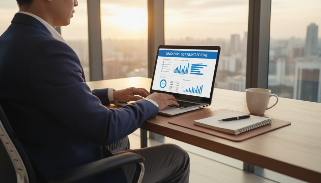 A professional business setting featuring a modern workspace with a laptop open to a GST filing website, showcasing graphs and financial data. In the foreground, a person in business attire sits at the desk, intently focused on the screen, symbolizing remote management of Singapore GST. The middle ground includes a clutter-free desk with a notepad, a pen, and a cup of coffee, emphasizing productivity. In the background, large windows allow natural light to flood in, creating a bright, inviting atmosphere. The overall mood is one of diligence and efficiency, as the sun sets outside, casting a warm glow on the scene, enhancing the sense of urgency and responsibility in meeting GST deadlines.