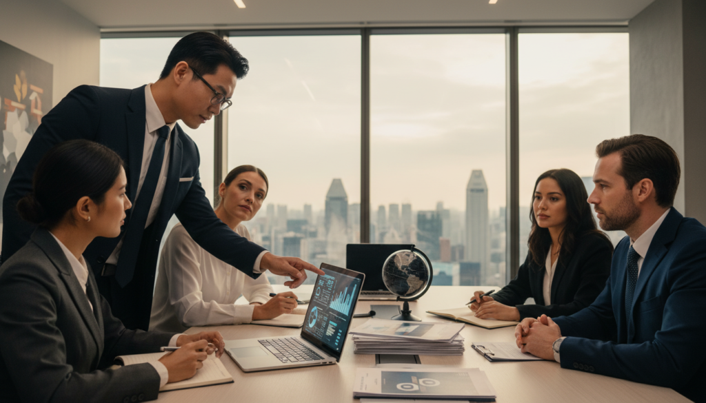A professional business setting showcasing a diverse group of individuals in formal attire engaged in a discussion about selecting the right offshore bank account in Singapore. In the foreground, a well-dressed Asian businessman is pointing at a detailed chart on a laptop screen, while a Caucasian businesswoman looks on thoughtfully, holding a pen and notebook. In the middle, a large conference table is filled with documents, financial brochures, and a globe, symbolizing international business operations. The background features modern office decor with panoramic windows showing a vibrant view of Singapore’s skyline under bright, natural daylight. The mood is focused and collaborative, conveying professionalism and determination, captured using a realistic lens with soft lighting to enhance the atmosphere.
