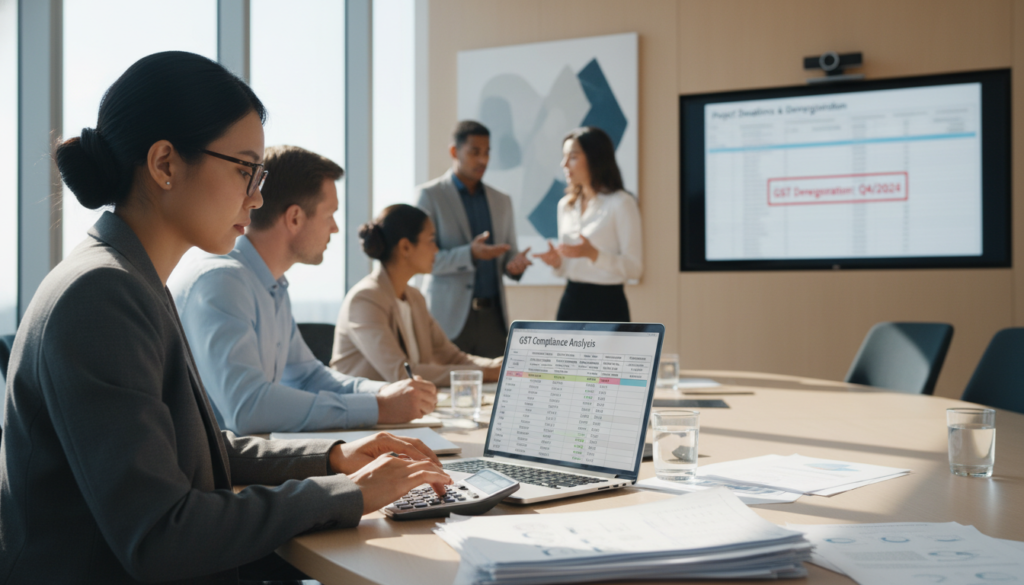 A professional business setting where a diverse group of individuals in business attire are engaged in a collaborative meeting around a sleek, modern conference table. In the foreground, a focused Asian woman is reviewing financial documents with a calculator and a laptop open, analyzing taxable supplies for GST compliance. In the middle, a Caucasian man is taking notes while looking at a large screen displaying a spreadsheet with complex data, highlighting deadlines for GST deregistration. In the background, soft-focus silhouettes of colleagues discussing and brainstorming ideas. Bright, natural lighting floods the room through large windows, creating an open and energetic atmosphere. The overall mood is one of professionalism, focus, and collaboration. Photorealistic details emphasize clarity and precision in the workspace.