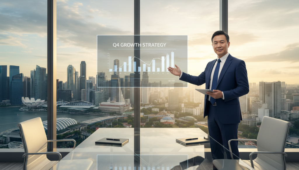 A professional company director in Singapore, standing confidently in front of the iconic Singapore skyline. The director, a middle-aged Asian male, is dressed in a tailored navy suit and a crisp white shirt, holding a tablet in one hand while gesturing toward a digital presentation displayed behind him. In the foreground, include a sleek modern office environment with a glass table and contemporary furnishings. The middle ground features a large window showcasing a vibrant view of the Marina Bay Sands and skyscrapers. The background is softly illuminated with warm, natural light filtering through the glass, creating an inviting atmosphere. The overall mood is one of professionalism and ambition, emphasizing the role of a director in a dynamic business setting. Photorealistic style, balanced composition, and mid-angle lens perspective.