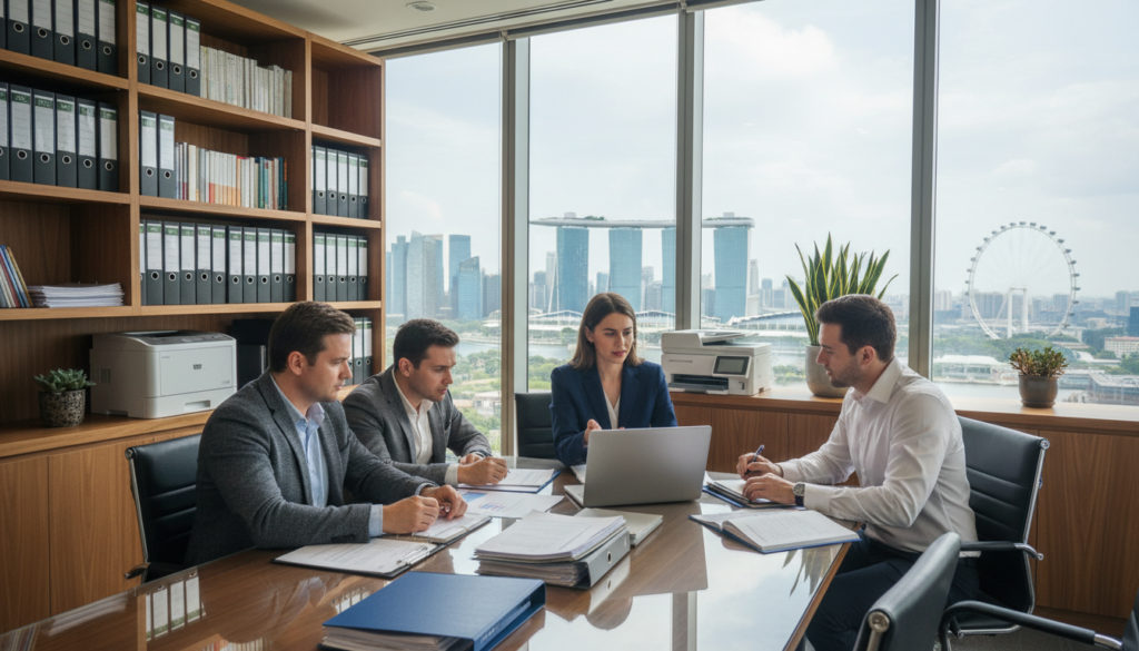 A professional corporate secretary service scene in a modern office setting. In the foreground, a diverse group of three business professionals dressed in business attire, including a woman in a tailored suit and two men in dress shirts and blazers, are engaged in a discussion around a sleek conference table with paperwork and a laptop open. In the middle ground, shelves with neatly organized files, a modern printer, and potted plants add to the professional ambiance. The background features a large window with a view of the Singapore skyline, showcasing a sunny day with soft natural light flooding the room. Capture this in photorealistic detail with a focus on the clarity of expressions and the professionalism of the setting, evoking a mood of diligence and efficiency.