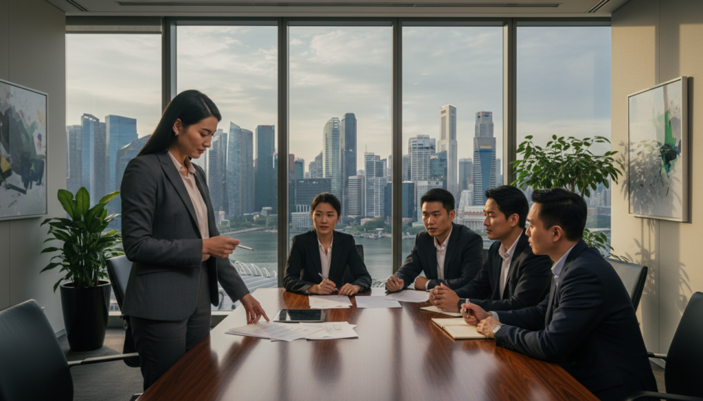 A professional director in a modern office setting, dressed in a sharp tailored suit, confidently reviewing documents at a sleek conference table. In the foreground, a diverse group of business professionals engaged in discussion, representing teamwork and collaboration. The middle ground showcases a glass wall with a view of Singapore's iconic skyline, blending urban sophistication with a vibrant atmosphere. Soft, natural lighting filters through large windows, casting gentle shadows and highlighting the intent expressions of the individuals. The background features contemporary office décor and greenery, creating an inviting yet professional ambiance. The composition conveys a sense of authority, focus, and the dynamic nature of corporate leadership in Singapore.