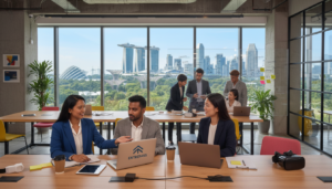 A professional entrepreneur demonstrating an entrepass concept, standing confidently in a modern, vibrant co-working space in Singapore. The foreground features the entrepreneur in business attire, engaging with a laptop and discussing ideas with colleagues. The middle ground showcases tech gadgets, a whiteboard with business strategies, and a diverse team collaborating. In the background, large windows reveal a lively cityscape with iconic Singaporean architecture and greenery. The lighting is bright and inviting, with natural light streaming in, giving a sense of optimism and opportunity. The composition is shot with a 35mm lens from a slightly elevated angle to enhance the environment’s dynamic atmosphere, reflecting the entrepreneurial spirit and innovation in the Singapore business landscape.