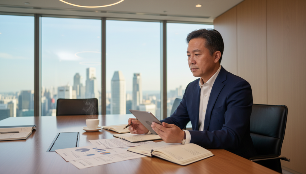 A professional-looking resident director seated at a modern conference table in an upscale office in Singapore. The foreground features the director, a middle-aged Asian man, dressed in a tailored navy suit and white shirt. He is reviewing documents while looking thoughtfully at a tablet. In the middle ground, a sleek wooden table with notebooks, pens, and a coffee cup, reflecting a busy work environment. The background showcases a panoramic window view of Singapore’s skyline with iconic buildings, bathed in natural daylight. Soft artificial lighting creates a warm ambiance. The image composition captures a sense of professionalism, authority, and modern business culture in Singapore, with a focus on leadership and compliance in corporate governance.