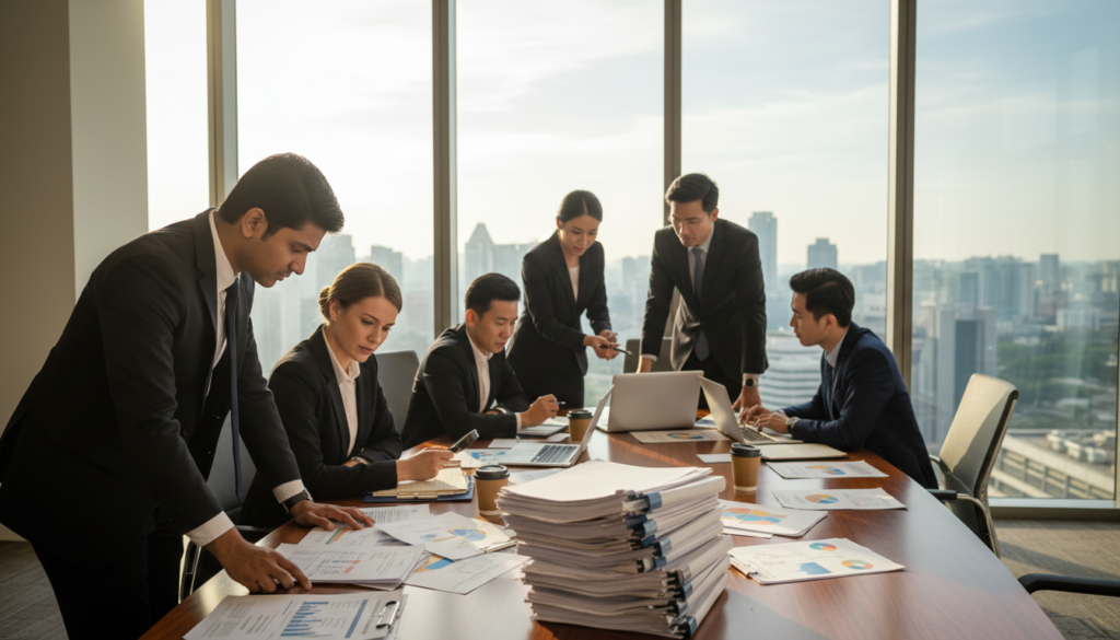 A professional office environment depicting a team of diverse bank analysts engaged in AML due diligence. In the foreground, two analysts in smart business attire examine documents and financial reports, showcasing focused expressions. The middle layer features a large conference table cluttered with laptops, charts, and compliance checklists, highlighting the meticulous process of financial scrutiny. In the background, the bank's modern glass facade is visible, illuminated by soft, natural daylight filtering in, creating a warm yet serious atmosphere. The scene captures a sense of urgency and professionalism, embodying the importance of compliance in Singapore's banking sector. The image should be photorealistic, with a depth of field that blurs the background slightly, drawing attention to the foreground action.