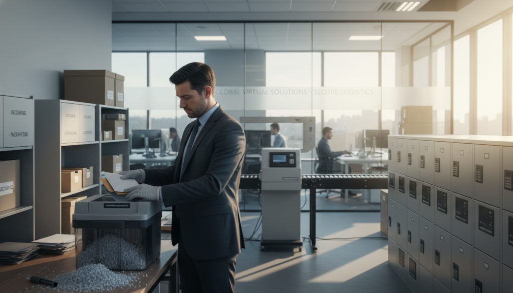 A professional office environment focusing on secure mail handling. In the foreground, a person in business attire is carefully sorting mail, ensuring privacy, and using a secure shredder for sensitive documents. The middle ground features a modern, organized mailroom with secure lockers, a scanner, and labeled boxes. The background showcases a sleek office space with glass partitions, providing a sense of safety and professionalism. Soft, natural lighting filters through large windows, creating a warm, inviting atmosphere. The scene conveys reliability and meticulous attention to detail in day-to-day operations, emphasizing security in a virtual office setting.