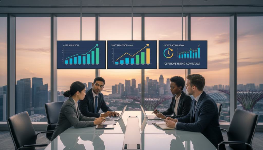 A professional office environment illustrating the concept of "pricing savings time." In the foreground, a diverse group of four business professionals is gathered around a sleek conference table, reviewing documents and discussing strategies. They are dressed in smart business attire, exuding a sense of professionalism and collaboration. In the middle ground, large digital displays showing graphs and charts represent cost savings and project timelines. The background features floor-to-ceiling windows with a view of Singapore’s skyline, allowing natural light to flood the space, creating a bright, optimistic atmosphere. The mood is focused yet dynamic, suggesting growth and opportunity in offshore hiring. Photorealistic style, captured with a wide-angle lens for depth and clarity.