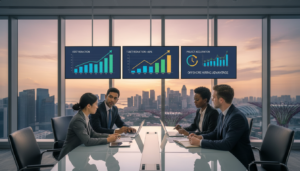 A professional office environment illustrating the concept of "pricing savings time." In the foreground, a diverse group of four business professionals is gathered around a sleek conference table, reviewing documents and discussing strategies. They are dressed in smart business attire, exuding a sense of professionalism and collaboration. In the middle ground, large digital displays showing graphs and charts represent cost savings and project timelines. The background features floor-to-ceiling windows with a view of Singapore’s skyline, allowing natural light to flood the space, creating a bright, optimistic atmosphere. The mood is focused yet dynamic, suggesting growth and opportunity in offshore hiring. Photorealistic style, captured with a wide-angle lens for depth and clarity.