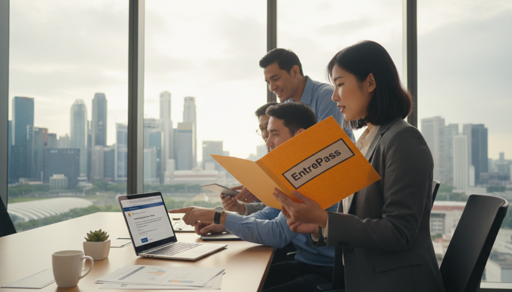 A professional office environment in Singapore featuring a diverse group of three entrepreneurs, engaged in a discussion about the EntrePass issuance process. In the foreground, a confident woman in a tailored blazer holds a folder labeled 'EntrePass', while a man in business attire points to a laptop displaying the EntrePass application portal. The middle ground shows a well-organized desk with a small plant and a cup of coffee, signifying a productive workspace. In the background, large windows showcase a cityscape view of Singapore's skyline, bathed in soft, natural light creating an inspiring atmosphere. The image exudes a sense of ambition and determination, highlighting the steps taken post-approval for obtaining an EntrePass. A professional office environment in Singapore featuring a diverse group of three entrepreneurs, engaged in a discussion about the EntrePass issuance process. In the foreground, a confident woman in a tailored blazer holds a folder labeled 'EntrePass', while a man in business attire points to a laptop displaying the EntrePass application portal. The middle ground shows a well-organized desk with a small plant and a cup of coffee, signifying a productive workspace. In the background, large windows showcase a cityscape view of Singapore's skyline, bathed in soft, natural light creating an inspiring atmosphere. The image exudes a sense of ambition and determination, highlighting the steps taken post-approval for obtaining an EntrePass.