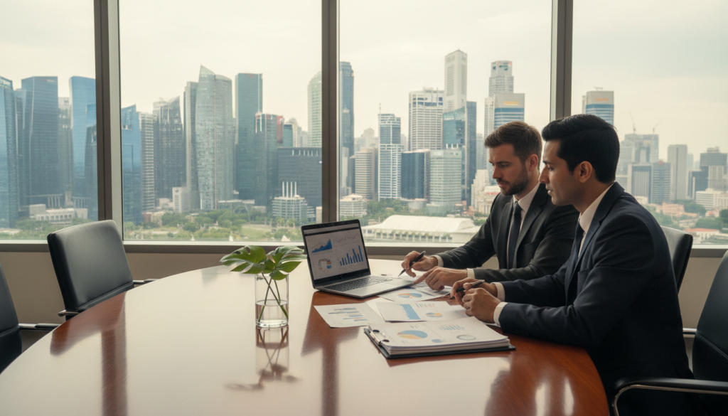 A professional office environment in Singapore, featuring a serene meeting room with large windows overlooking the iconic skyline. In the foreground, a diverse group of three business professionals in formal attire discuss financial documents and a laptop, emphasizing collaboration in managing international finances. The middle layer showcases a sleek conference table adorned with financial reports and charts, with a modern touch of greenery in the background. Soft, natural lighting filters in, creating a warm and inviting atmosphere. The view outside the windows includes the Marina Bay Sands and tall skyscrapers, highlighting Singapore’s status as a global financial hub. The mood is focused, professional, and forward-thinking, perfect for illustrating the advantages of offshore banking for foreign companies in Singapore.