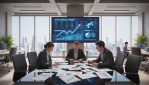 A professional office scene showcasing financial reporting. In the foreground, a diverse group of three business professionals, two women and one man, are focused on analyzing financial documents on a sleek glass table. They are dressed in smart business attire, with spreadsheets, graphs, and charts scattered around. In the middle ground, a large digital screen displays dynamic financial data and trends. The background features a modern office with large windows allowing natural light to illuminate the space, highlighting the professionalism of the environment. The mood is collaborative and focused, with a sense of urgency as they discuss insights. Use a wide-angle lens to capture the depth of the office and emphasize the teamwork in this photorealistic image.
