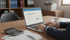 A professional office setting featuring a close-up of a laptop screen displaying the myTax Portal interface for e-filing GST returns. In the foreground, a neatly organized desk with a calculator, a few financial documents, and a coffee cup, indicating a busy work environment. In the middle, a pair of hands, dressed in formal business attire, are actively typing on the laptop keyboard. In the background, soft focus on a well-lit office with shelves of tax-related books and a printer, providing a sense of professionalism and diligence. The lighting should be bright yet soft, creating a calm atmosphere, captured from a slightly elevated angle to convey depth in the scene. Overall, the image should evoke a feeling of responsibility and attentiveness towards tax filing.