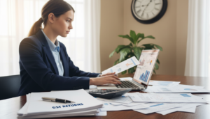 A professional office setting featuring a desk cluttered with paperwork, a laptop, and a calculator, emphasizing the concept of GST returns. In the foreground, a neatly arranged stack of documents labeled 'GST Returns' in bold letters, with a pen resting beside them. In the middle, a focused businesswoman in professional attire, diligently working on her laptop, examining financial reports. The background showcases a large window letting in natural light, illuminating the room with a soft glow. A wall clock and a potted plant enhance the environment, creating a calm, productive atmosphere. The image is photorealistic, capturing the essence of ongoing compliance in tax-related tasks, with a warm color palette.