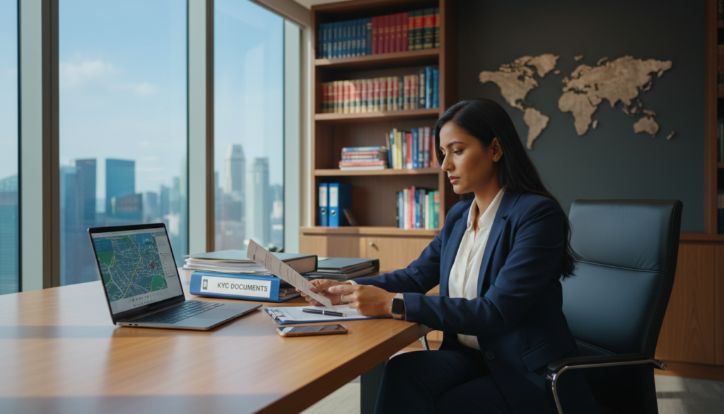 A professional office setting focused on the concept of KYC for company address verification in Singapore. In the foreground, a well-dressed business professional, a South Asian woman in smart business attire, reviews documents on a sleek modern desk, surrounded by a laptop and a smartphone. The middle ground features a large window with a view of Singapore's iconic skyline, soft natural light pouring in, creating a bright atmosphere. Background elements include a bookshelf filled with legal books and a world map on the wall. The overall mood is serious and focused, conveying the importance of due diligence and compliance in a virtual office context, captured in a photorealistic style with a shallow depth of field to emphasize the foreground activity.