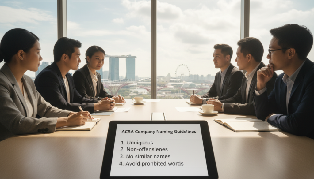 A professional office setting in Singapore, featuring a sleek conference table surrounded by diverse business professionals in modest business attire, engaged in discussion about company name selection. Foreground: a digital tablet displaying ACRA naming guidelines with key points visible like "Uniqueness," "Non-offensiveness," and "No similar names." Middle: a bustling cityscape visible through large windows, with iconic Singaporean architecture in the background. Soft, natural lighting streams into the room, creating a warm and inviting atmosphere. The shot is taken with a 50mm lens, focusing on the details of the tablet and the engaged faces of the professionals, reflecting a serious yet collaborative mood as they navigate the complexities of business naming.