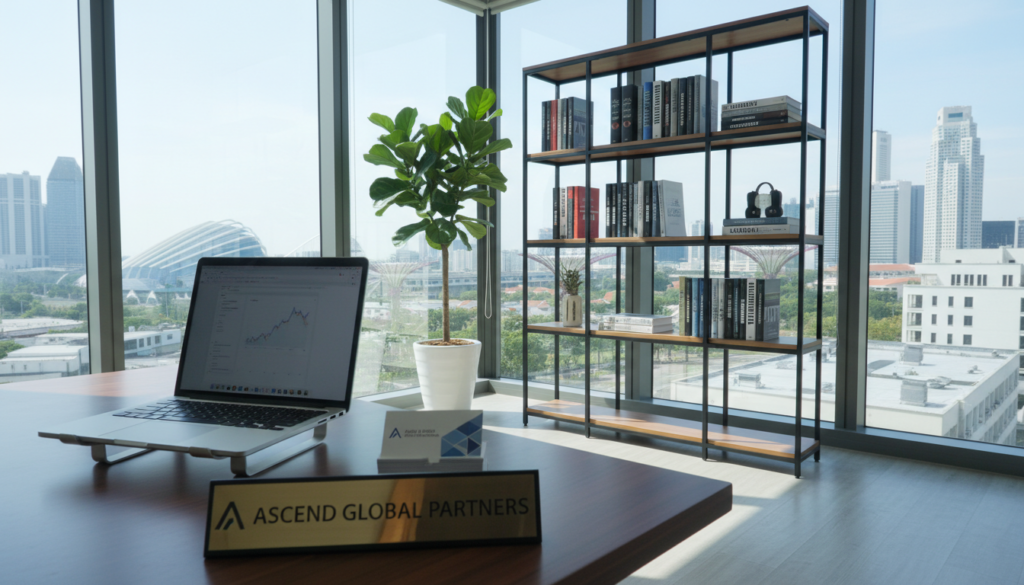 A professional office setting in Singapore showcasing a sleek desk with a polished nameplate displaying a fictitious business name. In the foreground, there is an elegant laptop open on the desk, alongside neatly stacked business cards featuring a modern design. The middle ground features a stylish bookshelf filled with business-related books, while a lush potted plant adds a touch of greenery. In the background, large windows offer a view of Singapore’s skyline under bright, natural lighting, casting soft shadows across the room. The atmosphere is focused and productive, portraying a space where business professionals would feel inspired. The angle should be slightly above eye level to capture the organization and layout of the office, emphasizing a clean and contemporary aesthetic.
