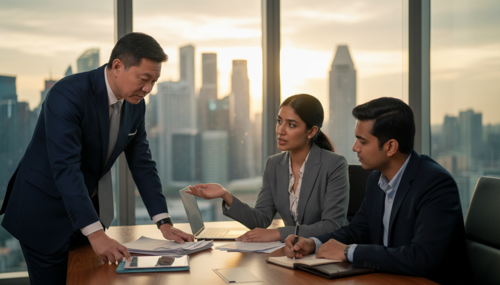 A professional office setting showcasing a diverse group of business people engaged in the GIP application process. In the foreground, a middle-aged Asian man in a tailored suit is reviewing documents on a sleek wooden desk, with a focused expression. Nearby, a young female executive of Middle-Eastern descent, also in formal attire, is sharing insights on a laptop, while a South Asian financial advisor is making notes on a notepad. In the background, large windows offer a view of Singapore's skyline, bathed in warm, natural light. The atmosphere is collaborative and dynamic, reflecting the seriousness and excitement of the investment journey. The image is photorealistic, captured with a soft focus to give prominence to the foreground interactions and convey a sense of professionalism and determination.