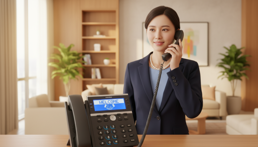 A professional virtual office reception area, featuring a sleek and modern receptionist desk with a high-end telephone prominently displayed. The foreground includes a focused view of the telephone, showing the keypad and a glowing display with a bright, inviting ambiance. In the middle ground, a smartly dressed receptionist in a professional business attire is attentively speaking on the phone, exuding a sense of calm efficiency. The background showcases an elegantly designed office space, with tasteful decor, soft lighting, and plants that create a welcoming atmosphere. The image should have a warm color palette, with natural light filtering in from a window, capturing a sense of professionalism and reliability, typical of a high-quality phone answering service.