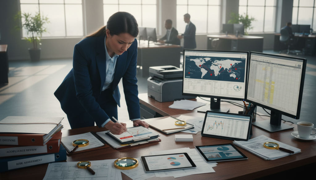 A professional workspace featuring an array of diverse screening tools employed in the banking sector, including magnifying glasses, digital tablets displaying analytical software, and stacks of client data files. In the foreground, a skilled bank employee in business attire, focused and engaged, meticulously examining alerts on a tablet, showcasing concentration. The middle ground captures a sleek, modern desk cluttered with documents and a computer with dual monitors displaying relevant data visualizations. The background features a softly lit office environment with large windows allowing natural light to filter in, creating a transparent and professional atmosphere. The overall mood is one of diligence and expertise, emphasizing the accuracy and reliability essential in the KYC process. Photorealistic, with clear sharpness and depth of field, using a slight overhead angle to capture the scene effectively.
