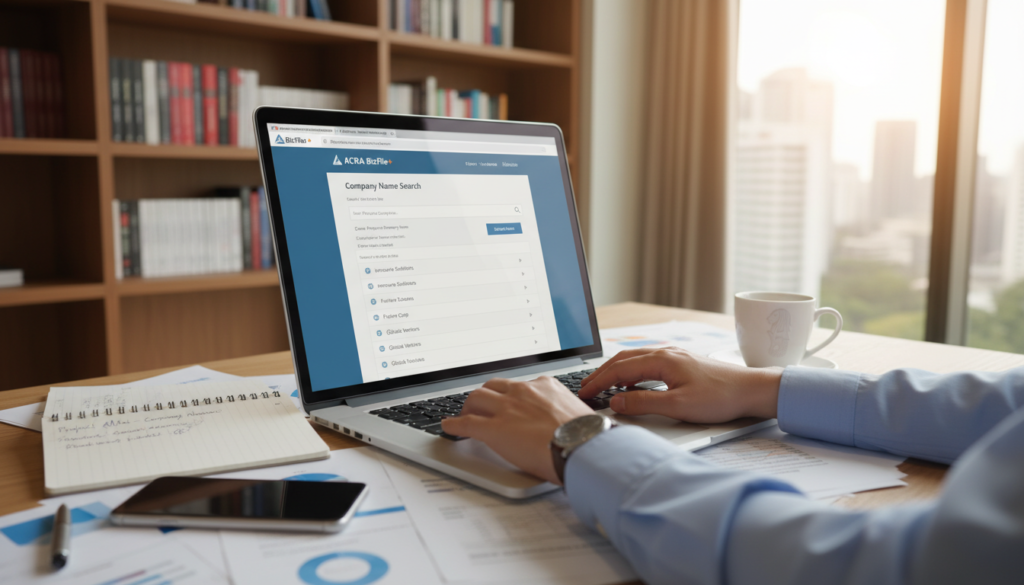 A professional workspace scene showcasing a computer screen displaying the ACRA BizFile+ website interface for a company name search. In the foreground, a pair of hands, clad in smart business attire, are typing on a laptop, with papers and a coffee cup on a sleek desk surrounding them. The middle layer exhibits an open notebook with notes on company name ideas, and a smartphone placed next to the laptop. In the background, softly blurred office elements like a bookshelf filled with business books and a window allowing natural light to stream in, creating a warm and productive atmosphere. The lighting is soft and inviting, evoking a sense of focus and clarity, while the overall composition emphasizes the professionalism and thoroughness of checking company name availability in Singapore. Photorealistic style with attention to detail.