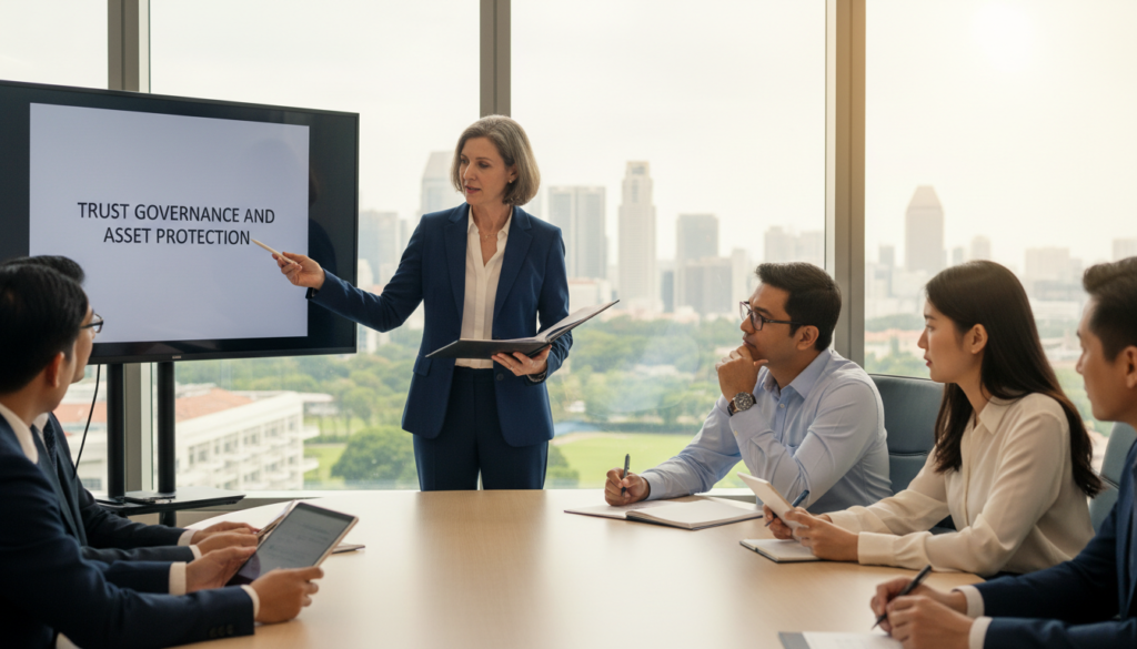 A serene and professional office setting depicting a diverse group of business people engaged in a trust creation meeting. In the foreground, a middle-aged woman in formal business attire confidently presents a detailed document on trust management to her colleagues. In the middle, a diverse group of professionals attentively listens, including a South Asian man and a young East Asian woman, all dressed in smart casual attire, taking notes on digital tablets. The background features a large window with natural light streaming in, showcasing a view of Singapore's skyline. The atmosphere is collaborative and focused, emphasizing clarity and trust. Shot with a 50mm lens, the lighting is bright yet soft, enhancing the professional tone of the image.