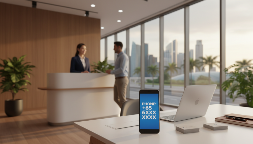 A sleek and modern virtual office setup in Singapore, showcasing a stylish, minimalistic desk with a high-end smartphone prominently displaying a phone number on its screen. In the foreground, the desk is adorned with a laptop, business cards, and a professional notepad. The middle layer includes a well-organized reception area featuring a friendly receptionist in professional attire, engaged with a client. The background captures city views through large windows, revealing Singapore's skyline bathed in soft, natural light. The atmosphere is professional and inviting, with warm tones and an emphasis on productivity. Shot with a shallow depth of field to highlight the phone number while subtly blurring the environment, creating a focus on connectivity and communication. Photorealistic.