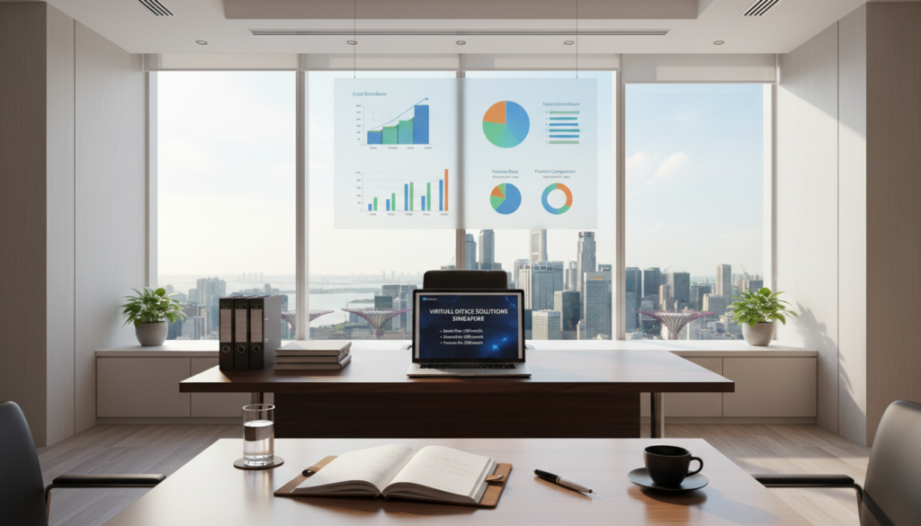 A sleek and modern workspace designed for a virtual office setting in Singapore, prominently featuring a stylish desk with a laptop, neatly organized files, and a digital presentation showcasing various plans and packages with costs per month. In the foreground, a polished wooden table is set with a few elegant business tools like a pen and notebook. In the middle ground, a transparent screen presents graphs and charts illustrating plan pricing, accentuated by vibrant colors. The background reveals a large window with a view of Singapore's skyline, softly illuminated by natural sunlight, creating a bright and inviting atmosphere. The scene captures a professional and contemporary feel, ideal for businesses seeking office solutions. The lighting is bright with a focus on creating a welcoming and productive environment.