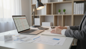 A sleek and organized workspace featuring a modern desk cluttered with accounting tools: a laptop displaying a spreadsheet, a notepad filled with handwritten notes, and a calculator. In the foreground, a pair of hands, dressed in professional attire, are typing on the laptop keyboard. The middle ground highlights a stylish desk lamp casting a warm glow, illuminating scattered invoices and receipts. In the background, a soft-focus bookshelf filled with business books and potted plants adds a touch of life to the scene. Natural light streams in through a window, creating a calm and focused atmosphere, perfect for remote bookkeeping tasks. The overall mood is professional yet inviting, reflecting efficiency and attention to detail in daily bookkeeping entries.