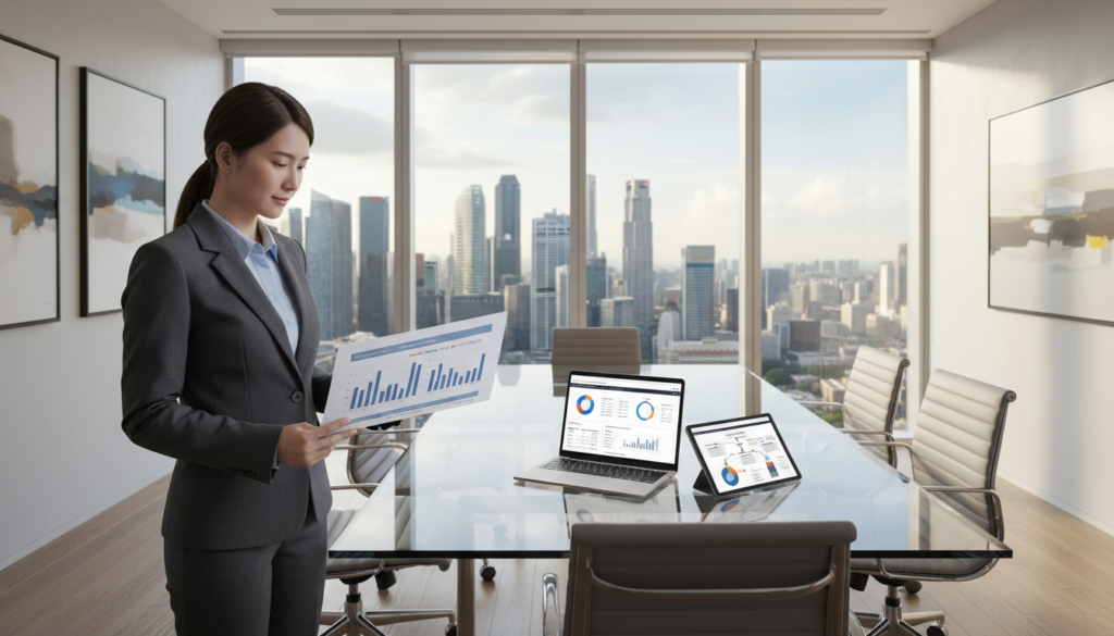 A sleek, modern office environment showcasing various pricing and engagement models for outsourced accounting services. In the foreground, a professional accountant in business attire examines a detailed financial report with graphs and charts illustrating different pricing tiers and engagement strategies. In the middle, a large, transparent conference table displays a laptop and digital tablet showing financial dashboards. The background features a panoramic window with a view of Singapore's skyline, with soft, natural daylight illuminating the scene. The atmosphere is focused and collaborative, conveying professionalism and trustworthiness, with a balance of innovative technology and traditional accounting practices. Photorealistic style, with attention to detail in textures and lighting, capturing an engaging workspace. A sleek, modern office environment showcasing various pricing and engagement models for outsourced accounting services. In the foreground, a professional accountant in business attire examines a detailed financial report with graphs and charts illustrating different pricing tiers and engagement strategies. In the middle, a large, transparent conference table displays a laptop and digital tablet showing financial dashboards. The background features a panoramic window with a view of Singapore's skyline, with soft, natural daylight illuminating the scene. The atmosphere is focused and collaborative, conveying professionalism and trustworthiness, with a balance of innovative technology and traditional accounting practices. Photorealistic style, with attention to detail in textures and lighting, capturing an engaging workspace.