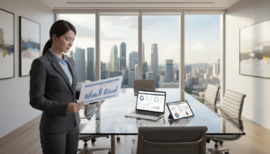 A sleek, modern office environment showcasing various pricing and engagement models for outsourced accounting services. In the foreground, a professional accountant in business attire examines a detailed financial report with graphs and charts illustrating different pricing tiers and engagement strategies. In the middle, a large, transparent conference table displays a laptop and digital tablet showing financial dashboards. The background features a panoramic window with a view of Singapore's skyline, with soft, natural daylight illuminating the scene. The atmosphere is focused and collaborative, conveying professionalism and trustworthiness, with a balance of innovative technology and traditional accounting practices. Photorealistic style, with attention to detail in textures and lighting, capturing an engaging workspace.