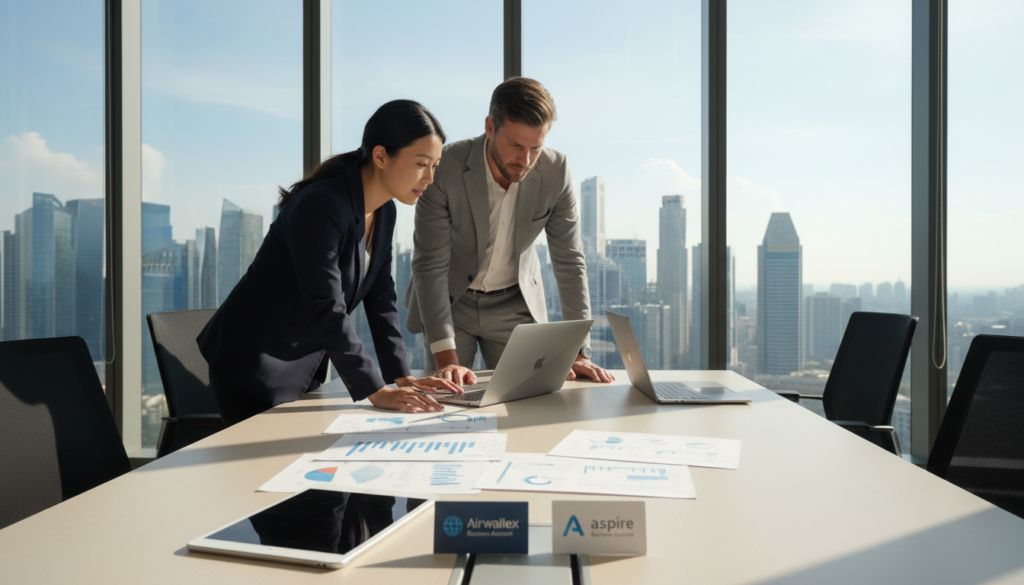 A sleek, modern office setting emphasizing the Airwallex business account alongside the Aspire business account, depicted with two diverse professionals engaged in a discussion. In the foreground, a neatly arranged conference table with documents, laptops, and financial graphs, illustrating an atmosphere of collaboration. In the middle ground, the two businesspeople, one Asian and one Caucasian, dressed in professional attire, are reviewing charts on a laptop screen, appearing focused and engaged. The background showcases a panoramic cityscape of Singapore with skyscrapers under a clear blue sky, reflecting a vibrant fintech environment. Soft, natural lighting streams in through large windows, casting gentle shadows, enhancing a productive and innovative ambiance. The overall mood evokes professionalism and forward-thinking in the fintech sector.