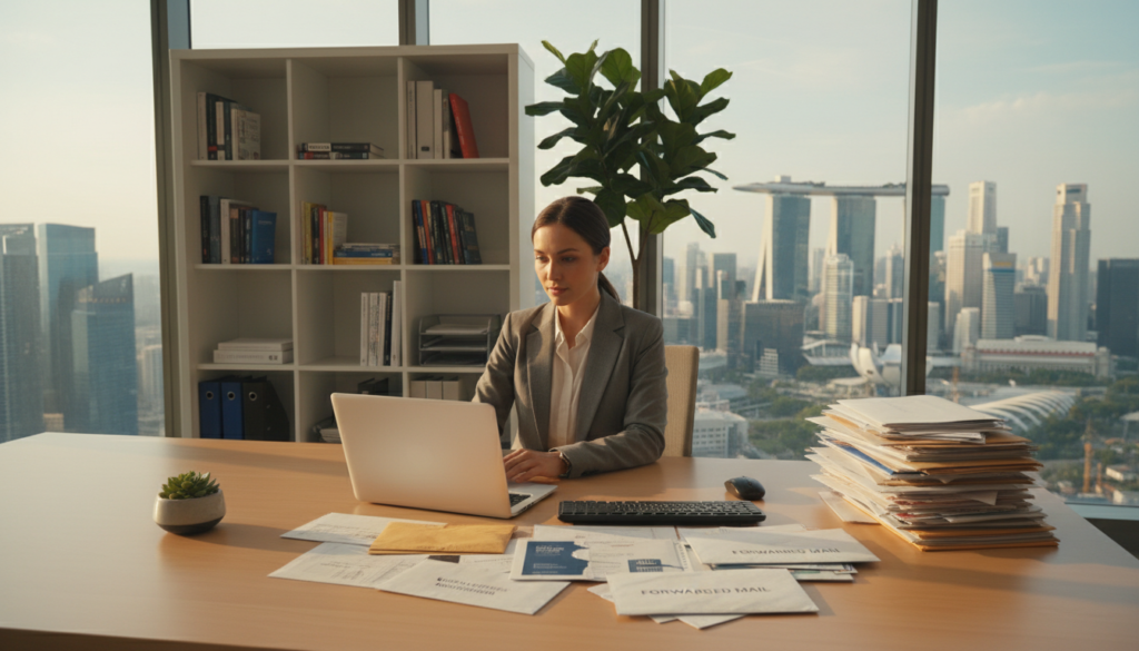 A sleek, modern office space featuring a professional businessperson, dressed in business attire, seated at a desk with a laptop open and a stack of forwarded mail beside them. The foreground showcases neatly organized mail items, with some envelopes partially opened to hint at their contents. In the middle ground, a stylish bookshelf filled with business books and a potted plant adds a touch of greenery. The background features a large window with a view of Singapore’s skyline, allowing natural light to stream in, illuminating the scene with a warm, inviting glow. The atmosphere is one of professionalism and efficiency, capturing the essence of virtual office services and mail forwarding. The image should be photorealistic, shot from a slightly elevated angle to provide depth.