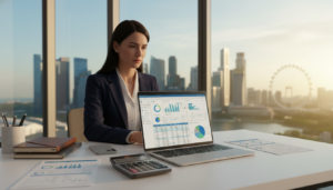 A sleek, modern office space featuring an open laptop displaying sophisticated accounting software on the screen. In the foreground, there are scattered financial documents and a stylish calculator. The middle ground includes a professional individual in smart business attire, focused on their work, surrounded by organized stationery and a smartphone. The background reveals a large window with a view of Singapore’s skyline, softly illuminated by natural light. The atmosphere is calm and efficient, showcasing automation and technology in a professional environment. Use a shallow depth of field to emphasize the laptop and documents while softly blurring the background. The overall image is photorealistic, with warm lighting that enhances productivity and professionalism.