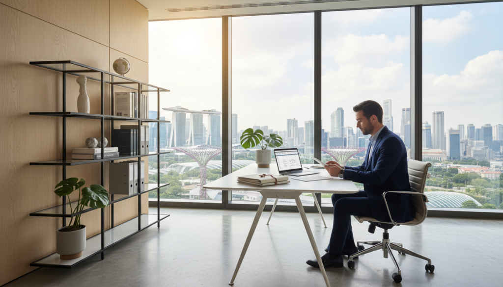 A sleek, modern virtual office space in Singapore, showcasing a well-organized desk with a laptop, neatly stacked files, and a stylish potted plant. In the foreground, a professional business person dressed in smart attire is reviewing mail on a digital tablet, exuding focus and productivity. The middle ground features an elegant office shelving unit with business books and decorative art pieces, creating a refined atmosphere. The background boasts a large window with a panoramic view of Singapore’s skyline, flooded with natural light, enhancing the warm ambiance. The scene is captured with a wide-angle lens, creating a spacious feel, while soft, diffused lighting adds to the welcoming mood, perfect for illustrating daily operations in a virtual office.