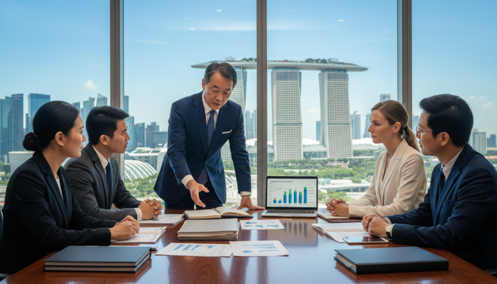 A sophisticated office environment in Singapore featuring a wooden conference table at the foreground. On the table, a financial advisor, a middle-aged Asian man in a sharp business suit, is discussing options with a diverse group of clients, dressed professionally. In the middle ground, there are documents, charts, and a laptop displaying financial graphs, symbolizing asset protection strategies. The background features a large window with a view of Singapore's skyline, including iconic buildings like Marina Bay Sands under a bright blue sky. Soft, natural lighting floods the room, creating a calm yet focused atmosphere that emphasizes professionalism and clarity. The scene should capture the essence of wealth structuring and financial planning, aiming for a photorealistic representation.
