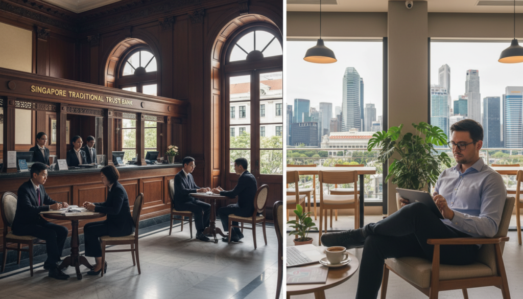 A split-screen image depicting the contrast between traditional banks and digital providers in Singapore business banking. On the left, a classic bank interior with polished wooden finishes, a teller counter, and customers in professional attire discussing with bankers. Natural lighting streams through large windows. On the right, a modern, sleek digital banking setup featuring a user interacting with a tablet or smartphone in a cozy café setting with contemporary decor and soft ambient lighting. In the background, the iconic Singapore skyline, blending traditional and modern architecture, emphasizing the evolution of banking. The atmosphere is professional yet inviting, illustrating the choice between conventional and innovative banking solutions.