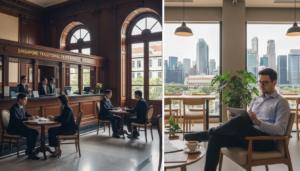 A split-screen image depicting the contrast between traditional banks and digital providers in Singapore business banking. On the left, a classic bank interior with polished wooden finishes, a teller counter, and customers in professional attire discussing with bankers. Natural lighting streams through large windows. On the right, a modern, sleek digital banking setup featuring a user interacting with a tablet or smartphone in a cozy café setting with contemporary decor and soft ambient lighting. In the background, the iconic Singapore skyline, blending traditional and modern architecture, emphasizing the evolution of banking. The atmosphere is professional yet inviting, illustrating the choice between conventional and innovative banking solutions.