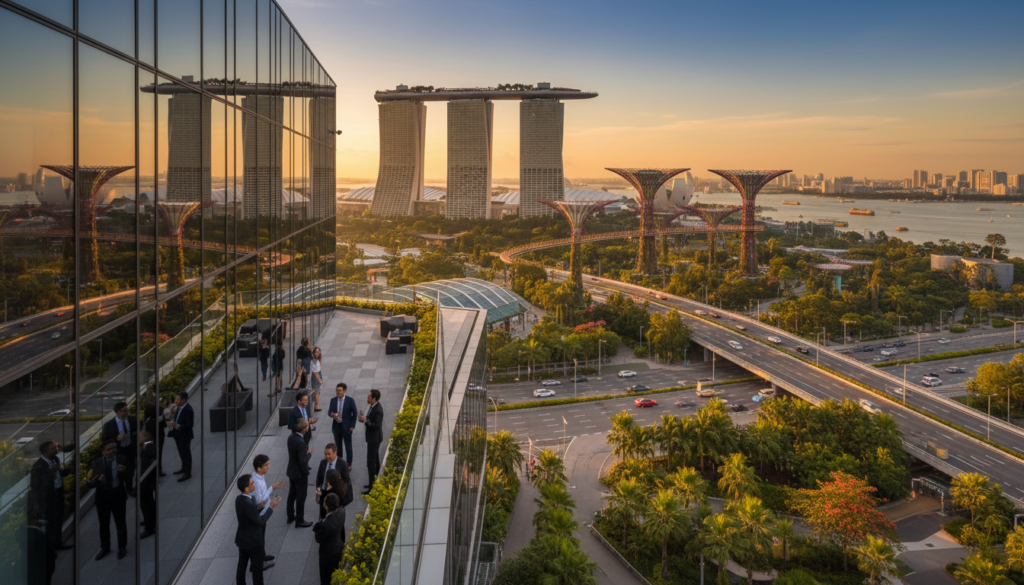 A stunning skyline view of Singapore, showcasing its iconic Marina Bay Sands and the futuristic Gardens by the Bay in the background. In the foreground, a modern office complex with large glass windows reflects the city's vibrant energy. The scene is set during golden hour, casting warm, soft light that highlights the architectural details and creates a welcoming atmosphere. Professionals in business attire can be seen engaging in animated discussions on a rooftop terrace, overlooking the bustling city below. The composition emphasizes Singapore’s strategic position in Southeast Asia, incorporating lush greenery along the paths and vibrant city life, with a clear blue sky adding a serene touch to the urban landscape. Photorealistic depiction.