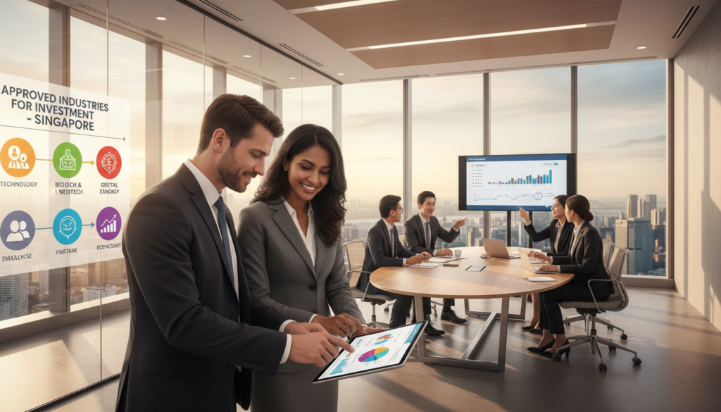 A vibrant and photorealistic representation of diverse professionals engaged in discussions about various approved industries for investment in Singapore. In the foreground, two business professionals in smart attire are analyzing a digital tablet, showing data and graphics related to technology, healthcare, and finance sectors. In the middle ground, a bright and modern office environment displays walls adorned with industry-related infographics, while a diverse group of other professionals collaborates around a sleek conference table, showcasing diversity in gender and ethnicity. The background features large windows with a view of Singapore's skyline, bathed in natural sunlight, creating an optimistic and forward-thinking atmosphere. The composition captures the essence of industry engagement in practice, reflecting a sense of innovation and opportunity. A vibrant and photorealistic representation of diverse professionals engaged in discussions about various approved industries for investment in Singapore. In the foreground, two business professionals in smart attire are analyzing a digital tablet, showing data and graphics related to technology, healthcare, and finance sectors. In the middle ground, a bright and modern office environment displays walls adorned with industry-related infographics, while a diverse group of other professionals collaborates around a sleek conference table, showcasing diversity in gender and ethnicity. The background features large windows with a view of Singapore's skyline, bathed in natural sunlight, creating an optimistic and forward-thinking atmosphere. The composition captures the essence of industry engagement in practice, reflecting a sense of innovation and opportunity.