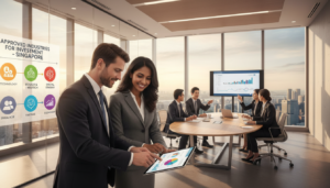 A vibrant and photorealistic representation of diverse professionals engaged in discussions about various approved industries for investment in Singapore. In the foreground, two business professionals in smart attire are analyzing a digital tablet, showing data and graphics related to technology, healthcare, and finance sectors. In the middle ground, a bright and modern office environment displays walls adorned with industry-related infographics, while a diverse group of other professionals collaborates around a sleek conference table, showcasing diversity in gender and ethnicity. The background features large windows with a view of Singapore's skyline, bathed in natural sunlight, creating an optimistic and forward-thinking atmosphere. The composition captures the essence of industry engagement in practice, reflecting a sense of innovation and opportunity.