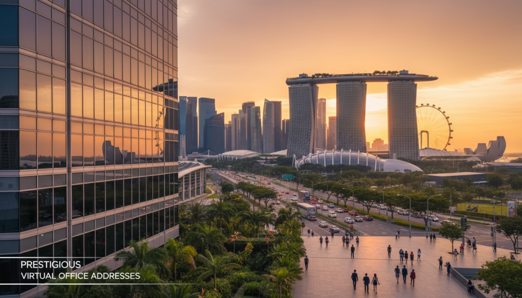 A vibrant cityscape of Singapore showcasing prestigious address locations for virtual office services. In the foreground, a sleek, modern office building with large glass windows reflects the skyline, surrounded by lush greenery. The middle layer features iconic structures like Marina Bay Sands and the Singapore Flyer, presenting a mix of contemporary architecture. In the background, the bustling city life is visible, with traffic and people in professional business attire walking along the sidewalks, exuding a sense of professionalism and success. The scene is illuminated by warm, natural lighting during the golden hour, giving a welcoming and prestigious atmosphere. The angle is slightly elevated to capture the grandeur of the buildings and the vibrancy of the city, portraying a prime business environment. A vibrant cityscape of Singapore showcasing prestigious address locations for virtual office services. In the foreground, a sleek, modern office building with large glass windows reflects the skyline, surrounded by lush greenery. The middle layer features iconic structures like Marina Bay Sands and the Singapore Flyer, presenting a mix of contemporary architecture. In the background, the bustling city life is visible, with traffic and people in professional business attire walking along the sidewalks, exuding a sense of professionalism and success. The scene is illuminated by warm, natural lighting during the golden hour, giving a welcoming and prestigious atmosphere. The angle is slightly elevated to capture the grandeur of the buildings and the vibrancy of the city, portraying a prime business environment.