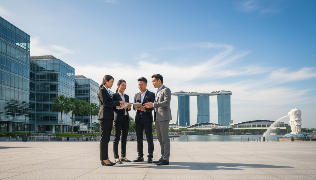 A vibrant scene depicting a modern business district in Singapore. In the foreground, a diverse group of four professionals in sleek, business attire are engaged in an animated discussion, showcasing collaboration and innovation. The middle ground features iconic Singaporean skyscrapers, such as Marina Bay Sands and the Merlion, symbolizing the dynamic business climate. The background is a bright blue sky with soft clouds, suggesting a sense of optimism and growth. The lighting is natural and bright, highlighting the architectural details and the expressions of the professionals. The overall atmosphere is one of professionalism, ambition, and opportunity, creating an inviting image that reflects the entrepreneurial spirit of Singapore.