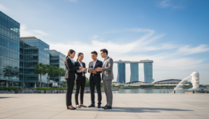 A vibrant scene depicting a modern business district in Singapore. In the foreground, a diverse group of four professionals in sleek, business attire are engaged in an animated discussion, showcasing collaboration and innovation. The middle ground features iconic Singaporean skyscrapers, such as Marina Bay Sands and the Merlion, symbolizing the dynamic business climate. The background is a bright blue sky with soft clouds, suggesting a sense of optimism and growth. The lighting is natural and bright, highlighting the architectural details and the expressions of the professionals. The overall atmosphere is one of professionalism, ambition, and opportunity, creating an inviting image that reflects the entrepreneurial spirit of Singapore.