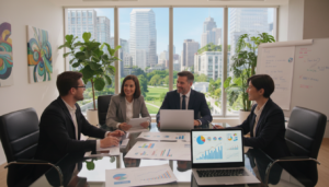 A vibrant urban workspace depicting the theme of renewal, with a focus on a diverse group of four professionals in smart business attire engaged in a strategic meeting around a sleek glass conference table. In the foreground, there are charts and digital devices displaying growth metrics and financial plans. The middle ground showcases large windows allowing natural light to flood in, revealing a lush green cityscape outside, symbolizing growth and renewal. In the background, modern artwork and plants add freshness to the environment. Use soft, warm lighting to create an inviting atmosphere, shot with a wide-angle lens to capture the collaborative energy in the room. The scene should evoke a sense of innovation, optimism, and professionalism.
