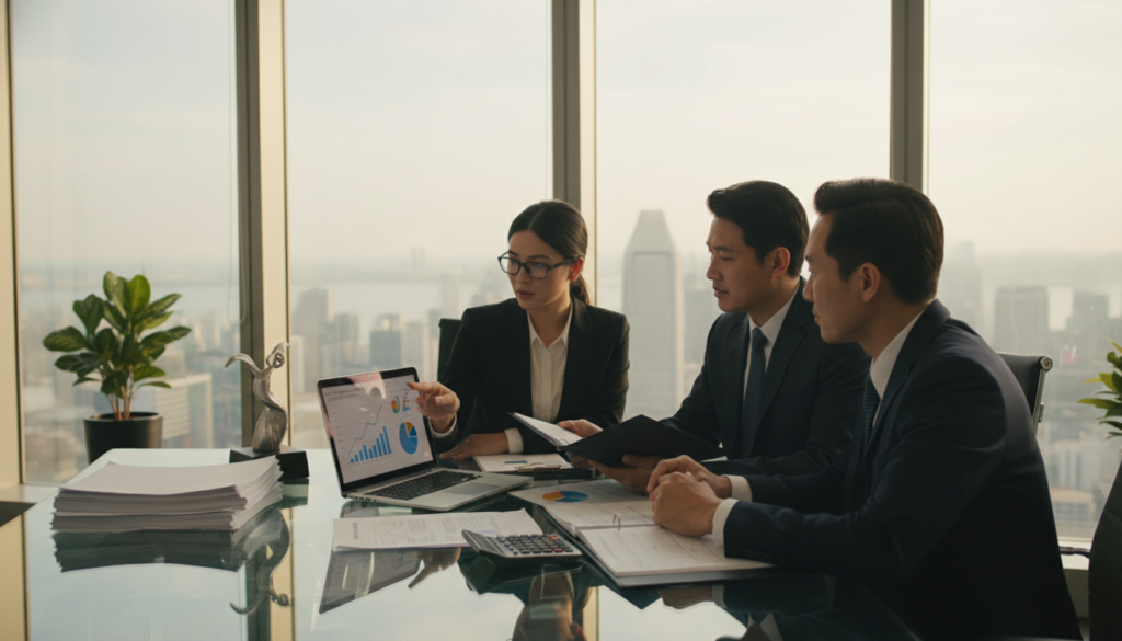 A visually engaging office space depicting the concept of "paid-up capital." In the foreground, a diverse group of three professionals in formal business attire is engaged in a thoughtful discussion, surrounded by financial documents and a laptop displaying graphs and charts that represent capital growth. The middle layer features an elegant glass table with neatly stacked papers and a calculator, symbolizing financial responsibility. In the background, large windows provide a panoramic view of Singapore’s skyline, accentuated by soft natural lighting that creates a productive atmosphere. The overall mood is focused and collaborative, emphasizing the importance of financial understanding in a corporate setting. The image should be photorealistic, capturing the details of the office environment and the expressions of the individuals.