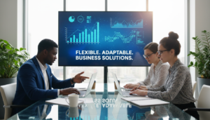 A visually striking and photorealistic image showcasing a modern office environment designed for remote bookkeeping services. In the foreground, a diverse group of three professionals, dressed in smart business attire, collaborates around a sleek glass table filled with laptops, notepads, and documents. Their expressions reflect focus and cooperation. In the middle, a large digital screen displays graphs and financial data, symbolizing flexibility and adaptability to business needs. The background features a large window with natural light streaming in, illuminating the room and creating a warm, inviting atmosphere. Subtle greenery in the corners adds a touch of freshness. The overall mood should convey professionalism, innovation, and a supportive workspace tailored for businesses.