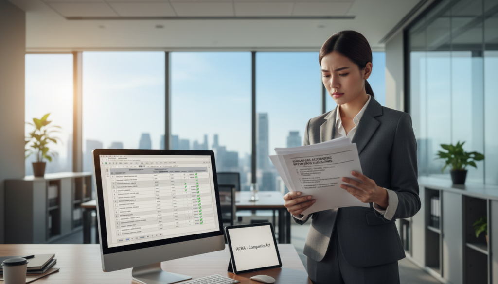 A visually striking scene illustrating the concept of accounting records retention in Singapore. In the foreground, a professional businesswoman in a smart suit is reviewing a stack of documents labeled with retention period guidelines, with a look of concentration on her face. The middle ground features a modern office desk with a computer displaying a digital spreadsheet of retention periods and compliance checklists. The background showcases a sleek office environment with large windows, allowing natural light to fill the space, creating a bright and organized atmosphere. The overall mood is focused and professional, emphasizing the importance of understanding legal retention periods for accounting records in Singapore. The image should be photorealistic, capturing the details of the office setting and the documents clearly.